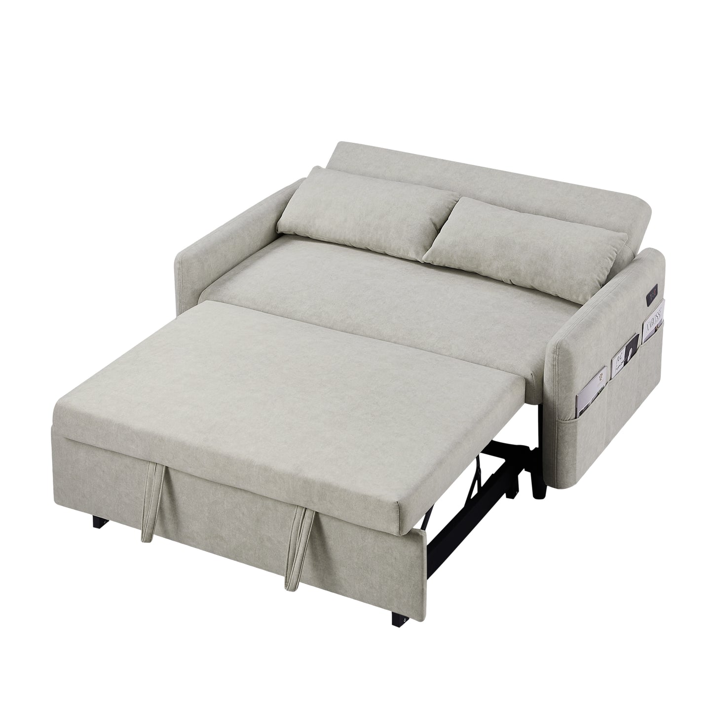 Adjustable Pull Out Sleep Sofa Bed Loveseat Couch with Storage Pockets, USB Ports, Beige