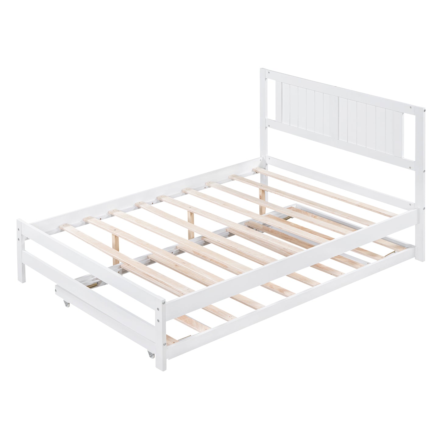 Full Size Platform Bed with Adjustable Trundle,White