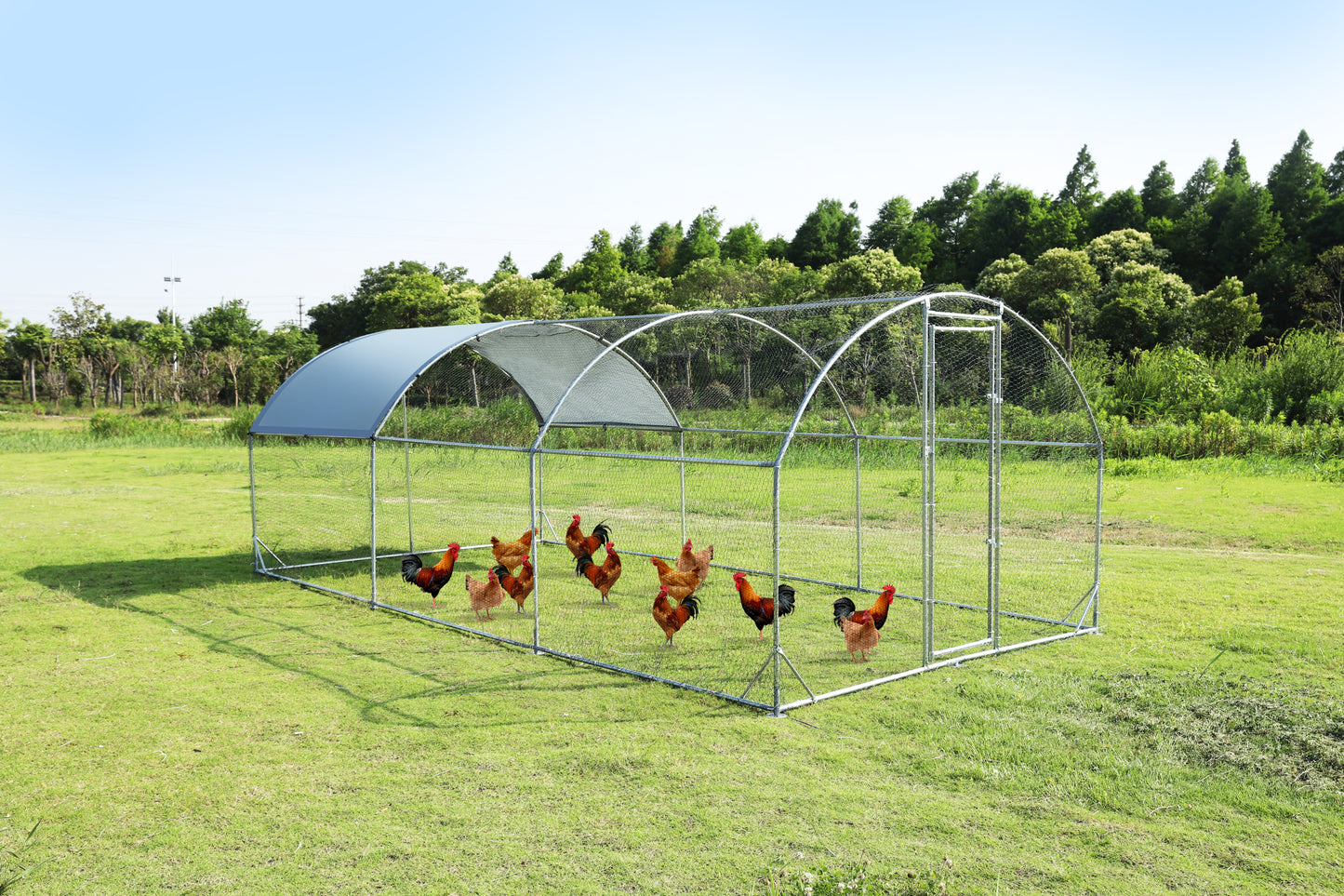 Large metal chicken coop upgrade three support steel wire impregnated plastic net cage, Oxford cloth silver plated waterproof UV protection, duck rabbit sheep bird outdoor house 9.2'W x 18.7'L x 6.5'H