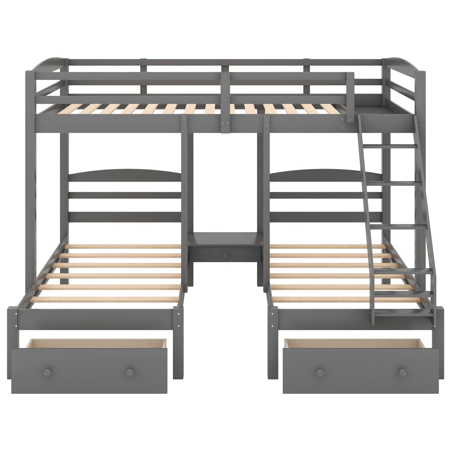 Gray Triple Bunk Bed with Storage Drawers, Full over Twin & Twin Bunk Bed