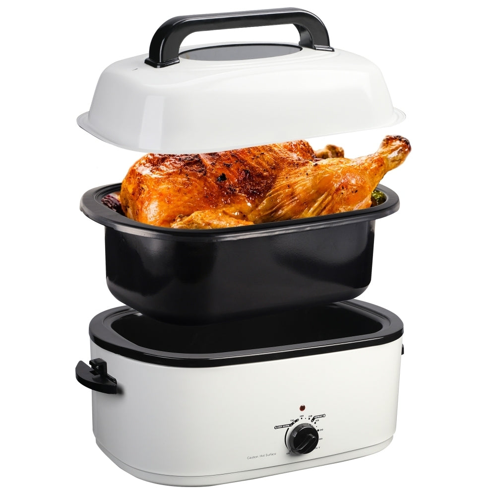 White Stainless Steel Electric Turkey Roaster with Temperature Control and See-through Lid