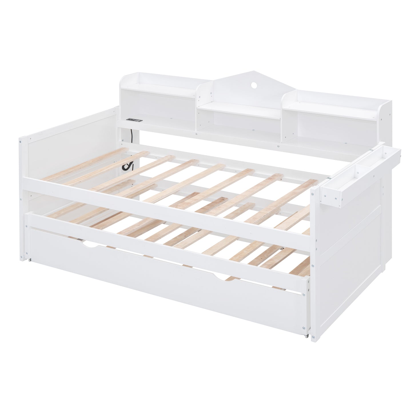 Twin XL Wooden Daybed with 2 Twin Trundles and Storage Shelf, Daybed with USB Charging Ports, No Box-spring Needed, White