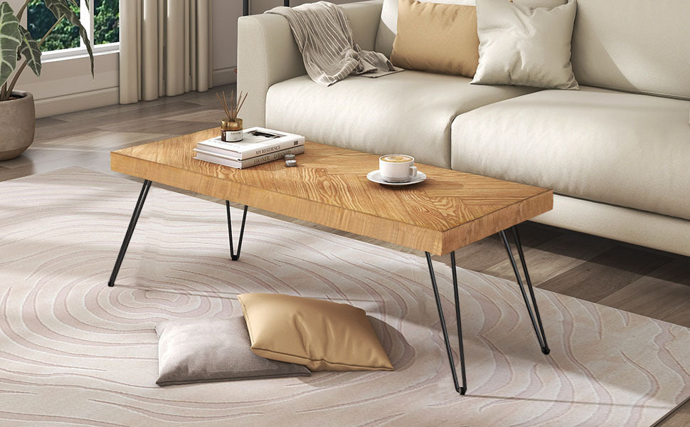 Stylish Ash Wood Coffee Table with Metal Hairpin Legs