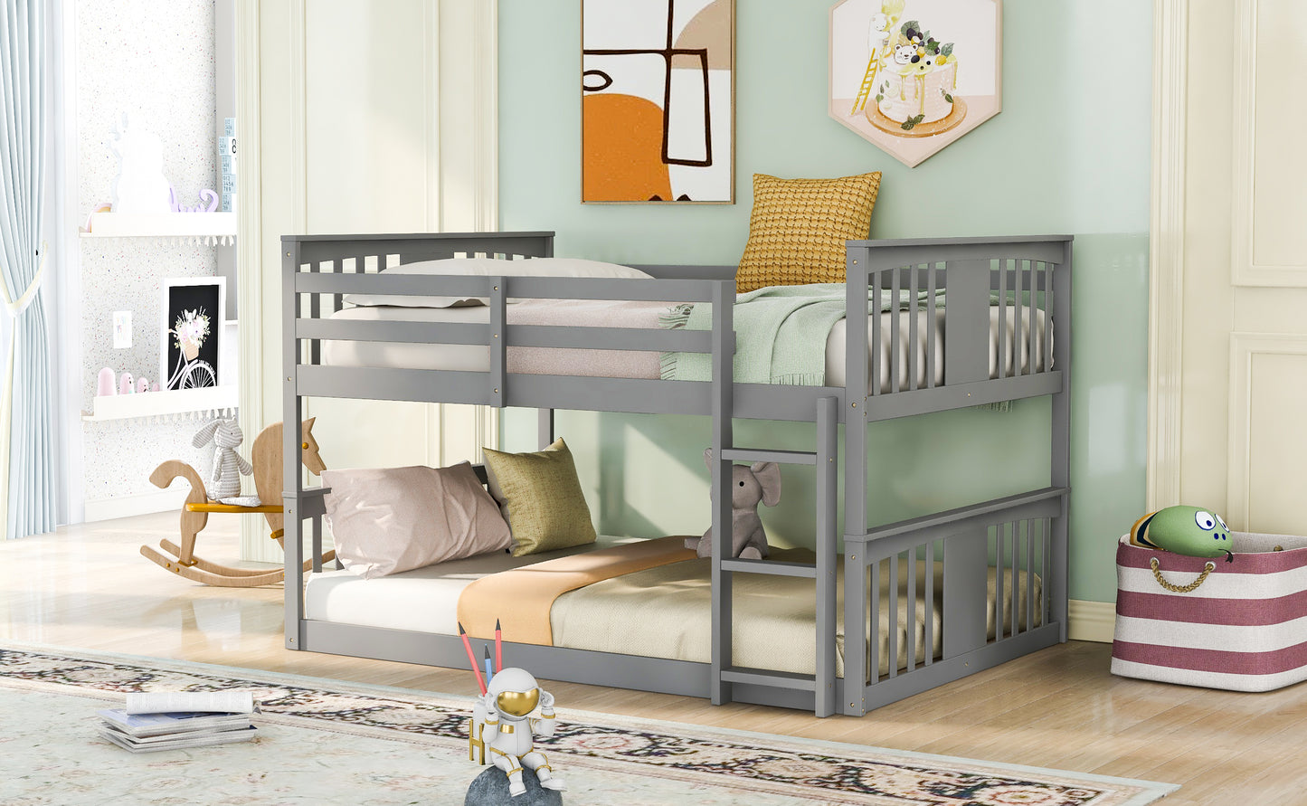 Gray Bunk Bed with Full Over Full Design and Ladder