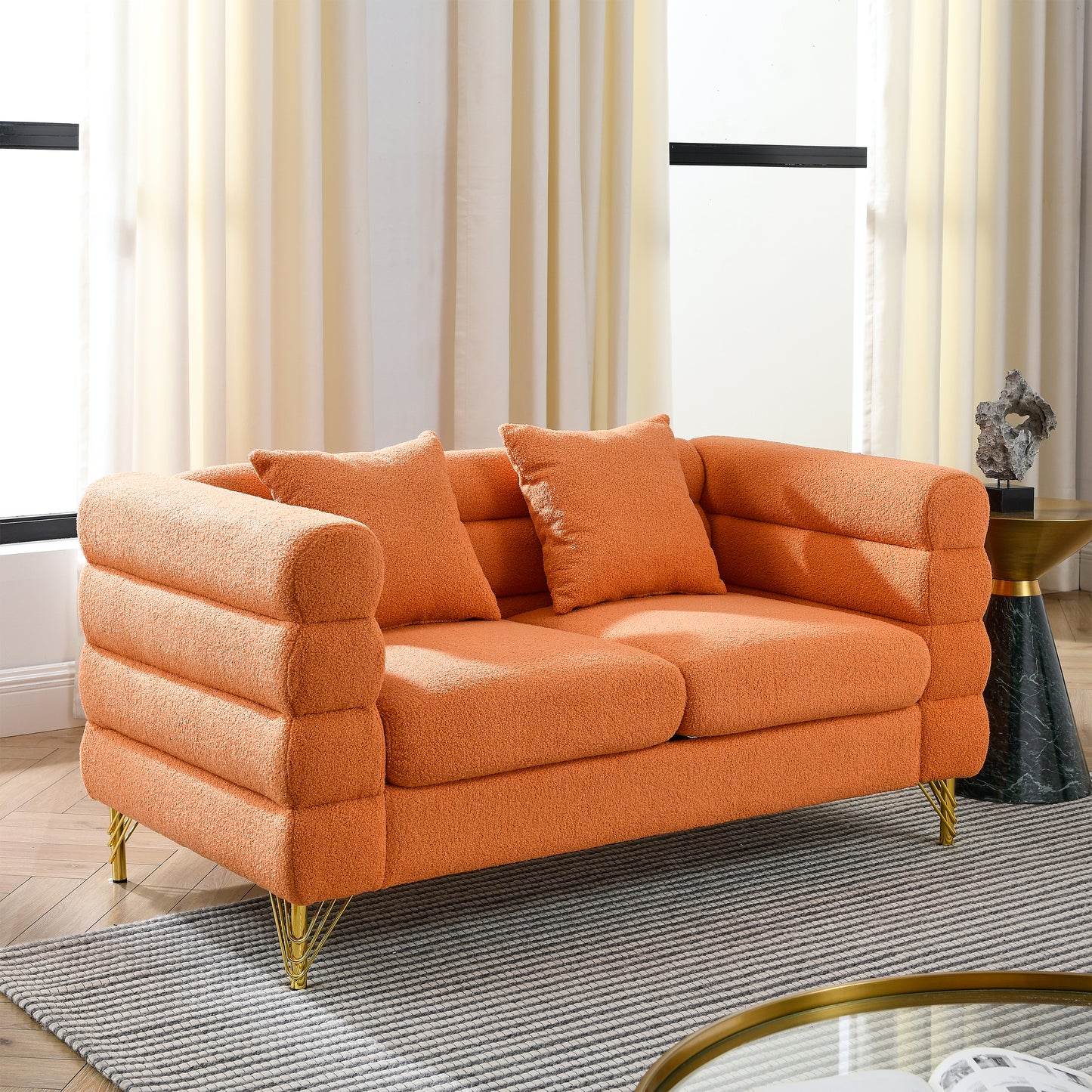 Art Deco Inspired 3-seater + 2-seater Combination Sofa in Orange Teddy Fabric