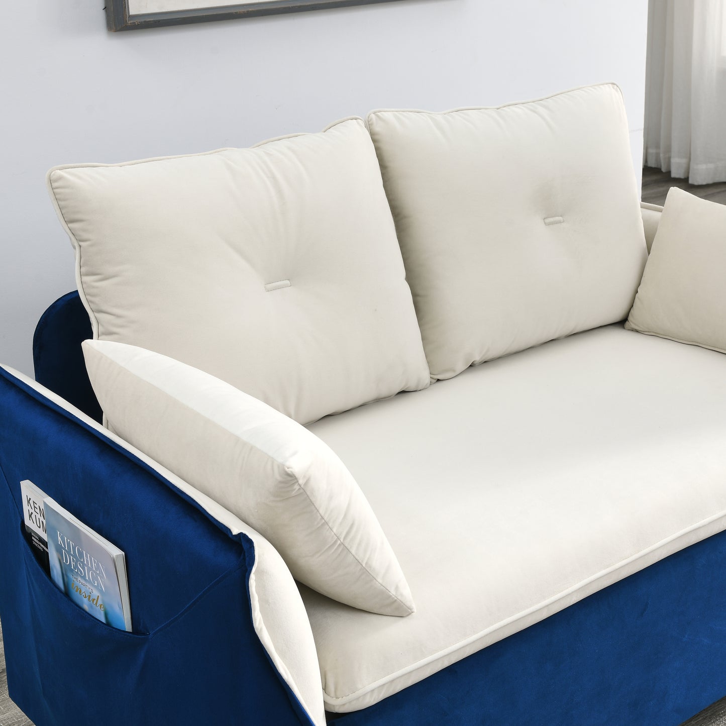 MH 57" Modern Convertible Sofa Bed with 2 Detachable Arm Pockets, Velvet Loveseat Multi-position adjustable Sofa with Pull Out Bed with Bedhead, 2 Pillows and Living Room, WHITE-BLUE