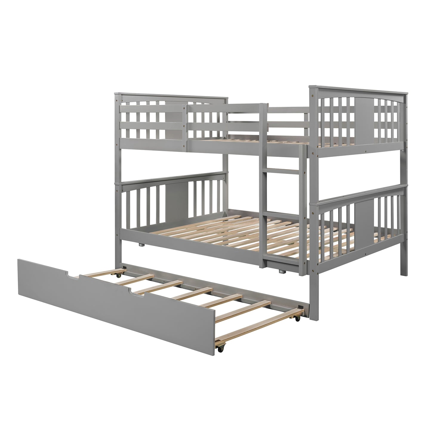 Space-Saving Gray Full over Full Bunk Bed with Twin Trundle and Ladder