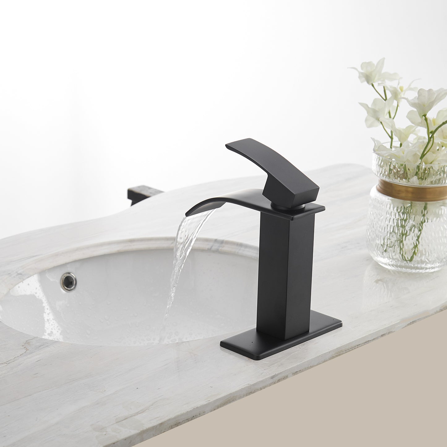 Matte Black Single-Handle Waterfall Bathroom Faucet with Supply Line - Low-Arc