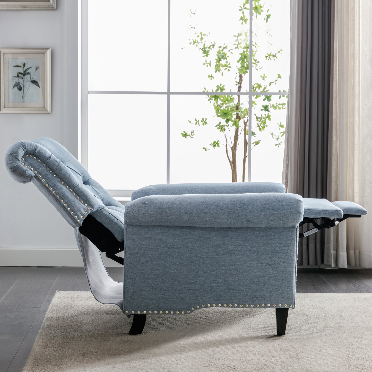 Luxurious Blue Linen Recliner with Pushback Function and Nailhead Trim