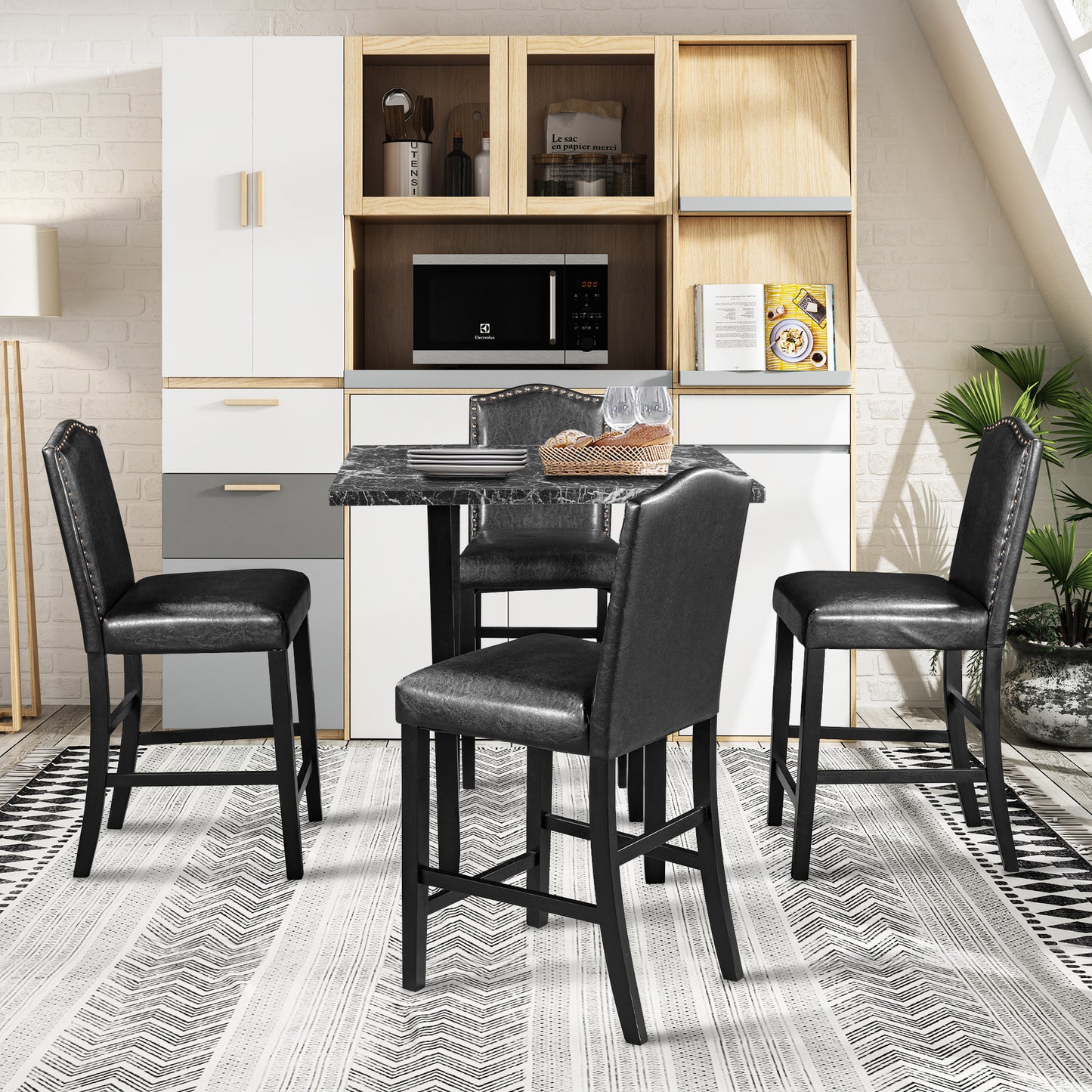 5 Piece Dining Set with Matching Chairs and Bottom Shelf for Dining Room, Black Chair+Black Table