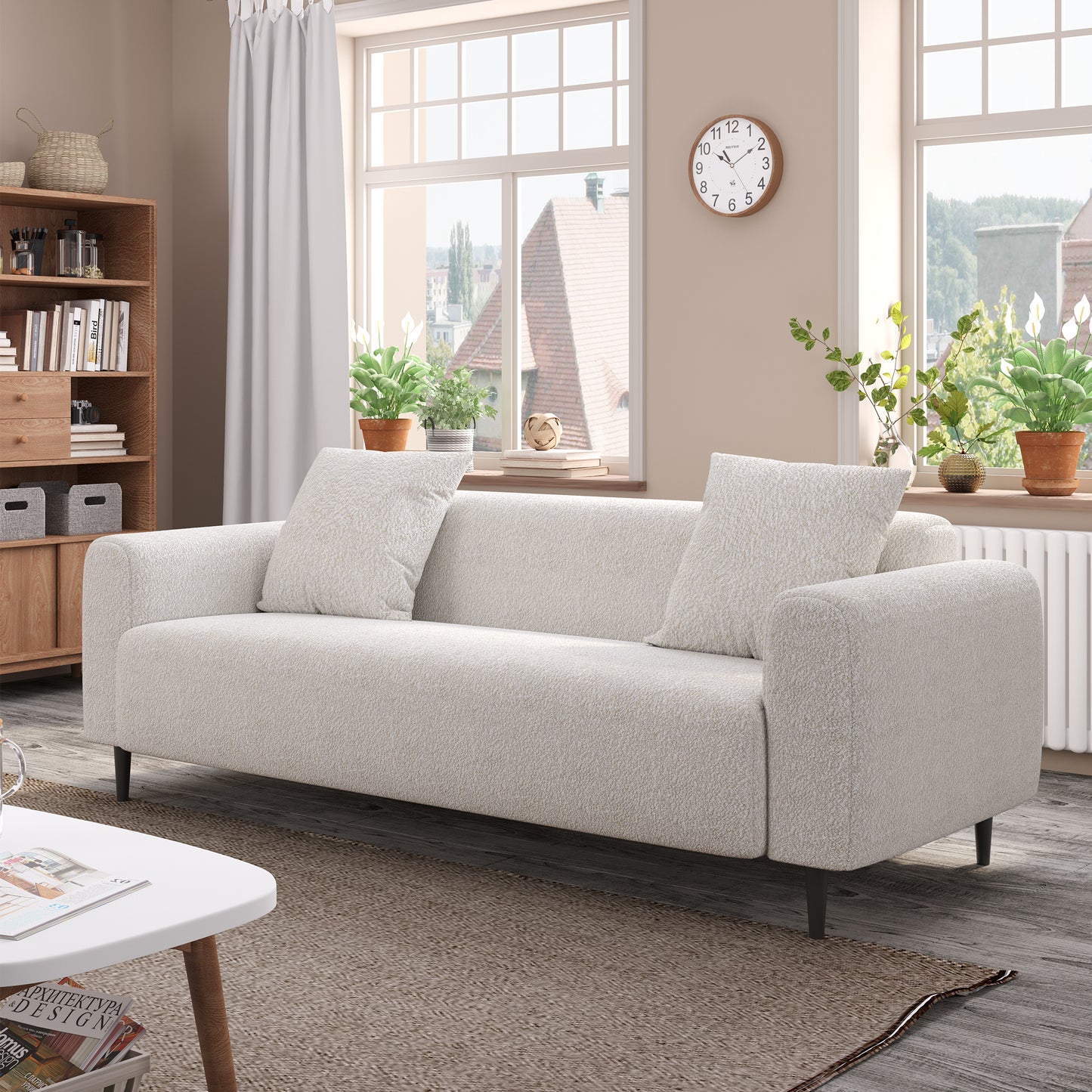 Spacious 77.2″ Modern Two-Seat Sofa in White Mohair Granular Velvet