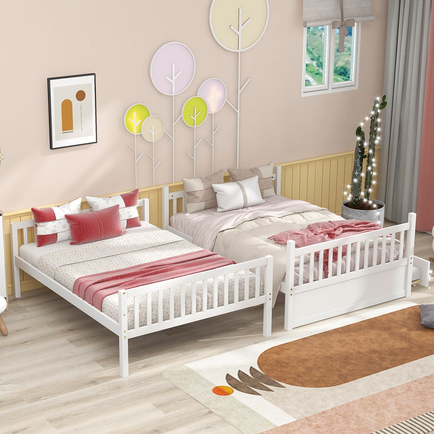 Multifunctional White Full Over Full Bunk Bed with Trundle and Modern Design