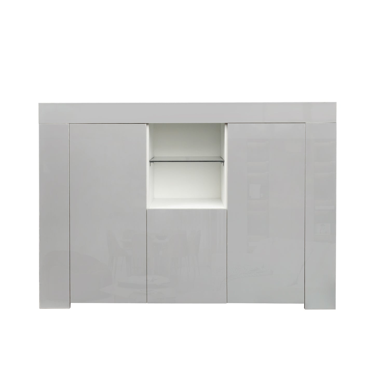 LED Light Kitchen Sideboard Storage Cabinet - Modern White High Gloss Buffet Stand