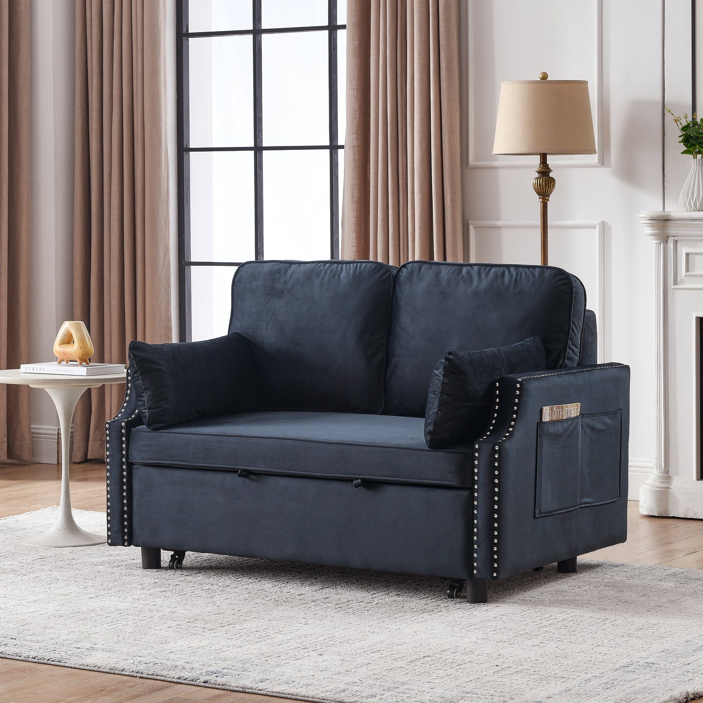 50 Velvet Sleeper Sofa Bed with Side Storage Pockets and Nailhead Design, 2-Seater Sofa with 2 Pillows and Removable Backrest