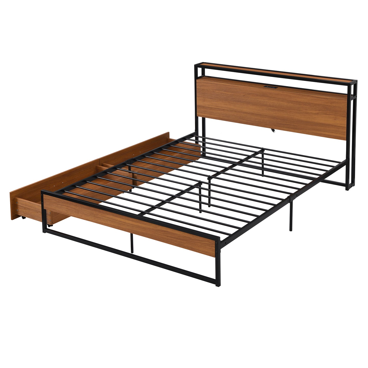 Queen Size Metal Platform Bed Frame with Two Drawers,Sockets and USB Ports ,Slat Support No Box Spring Needed Black