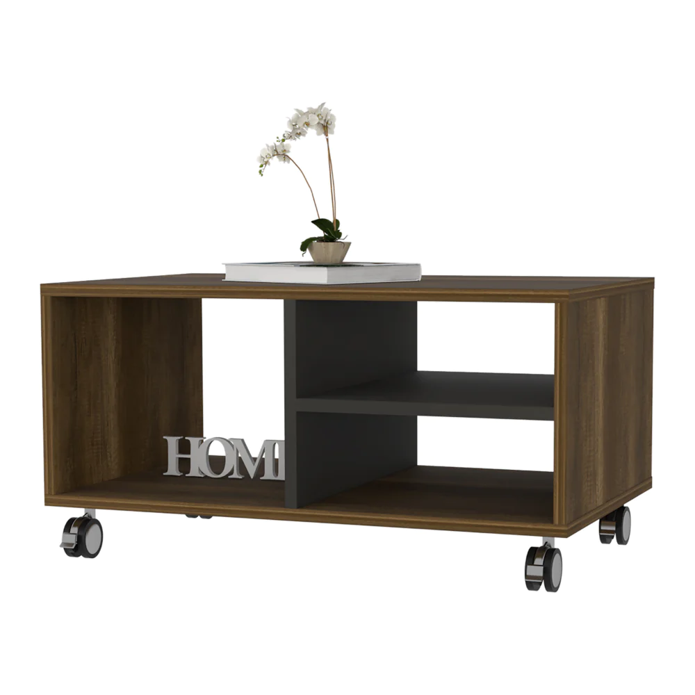 Walnut and Black 3-Shelf Rectangle Coffee Table with Casters