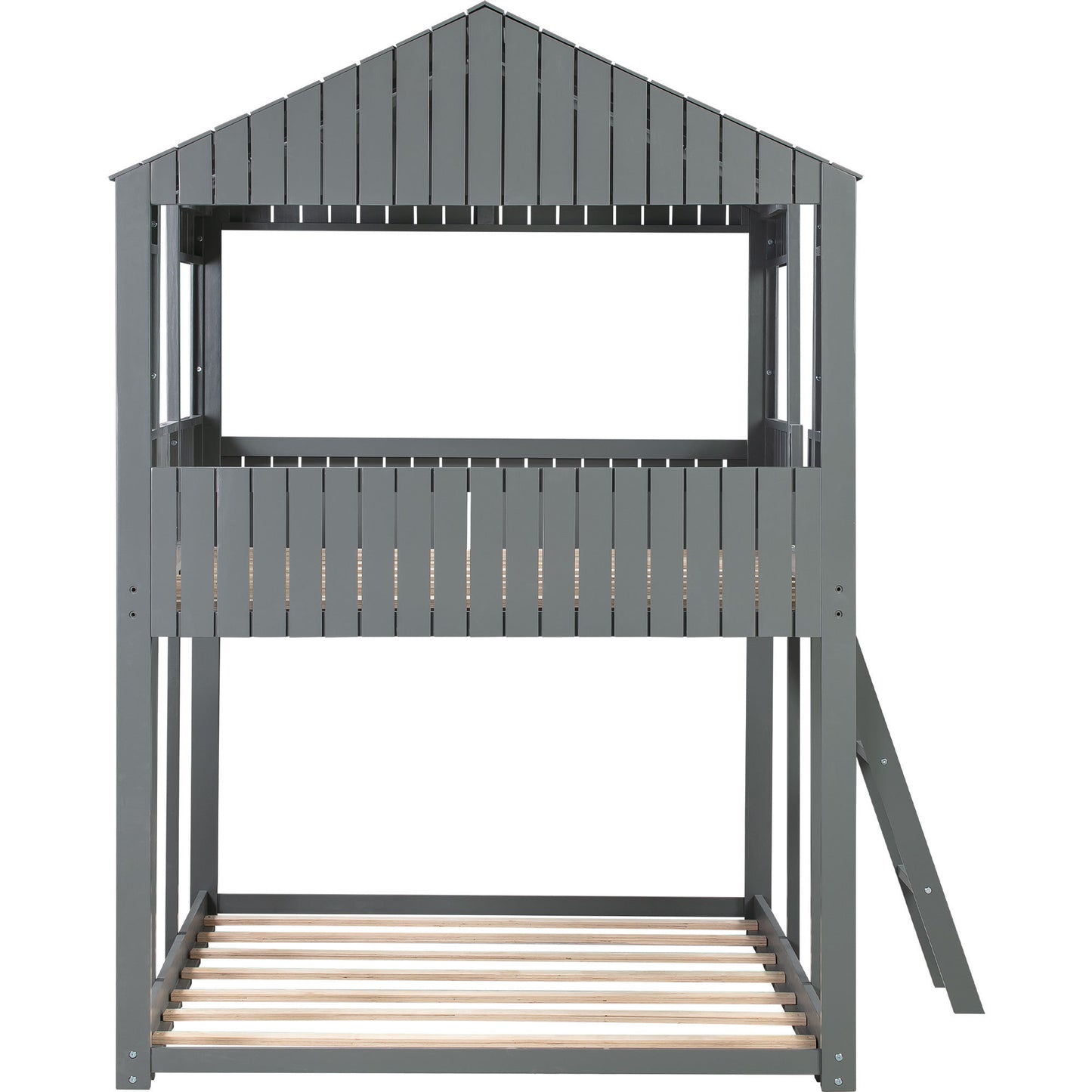 Wooden Playhouse-Styled Full Over Full Bunk Bed with Gray Roof and Window