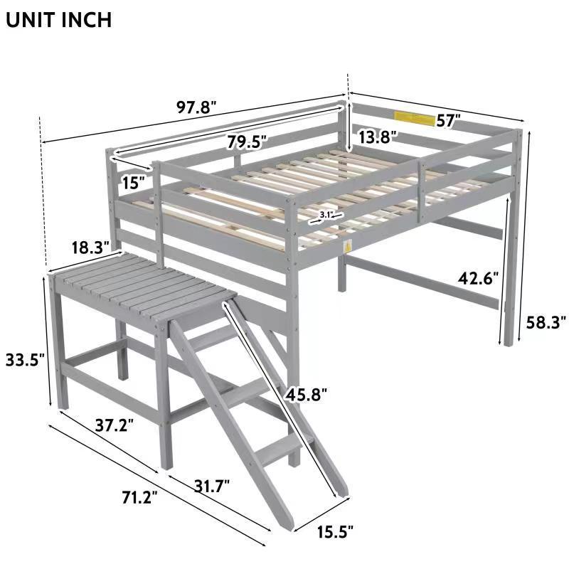 Full Loft Bed with Platform,ladder,Grey