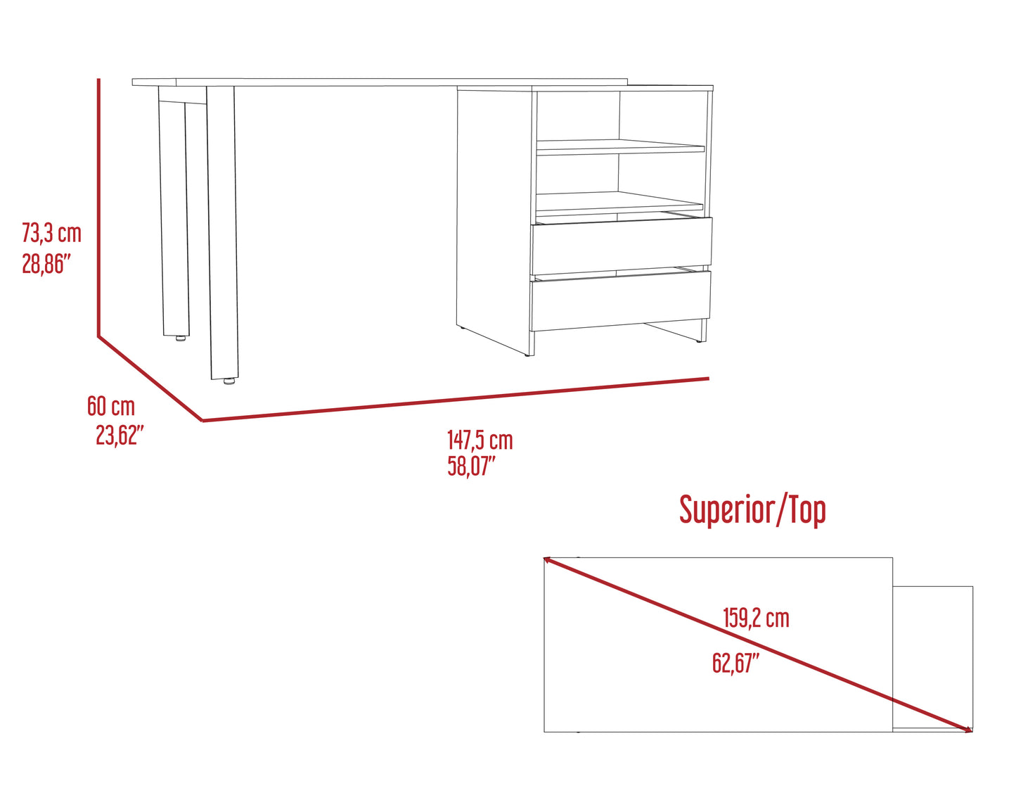 Gray Modern Writing Desk with 2 Drawers and 2 Shelves