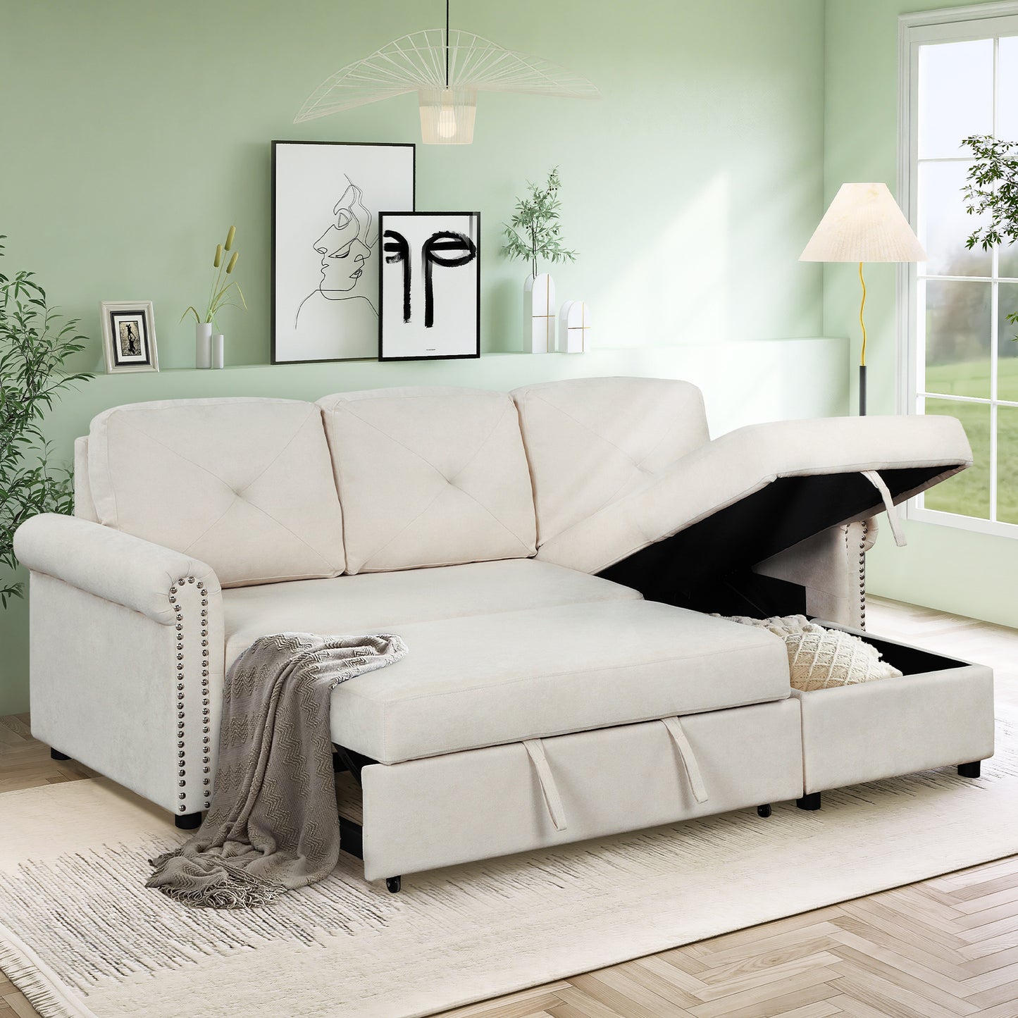 83 Beige Modern Convertible Sleeper Sofa Bed with Storage Chaise