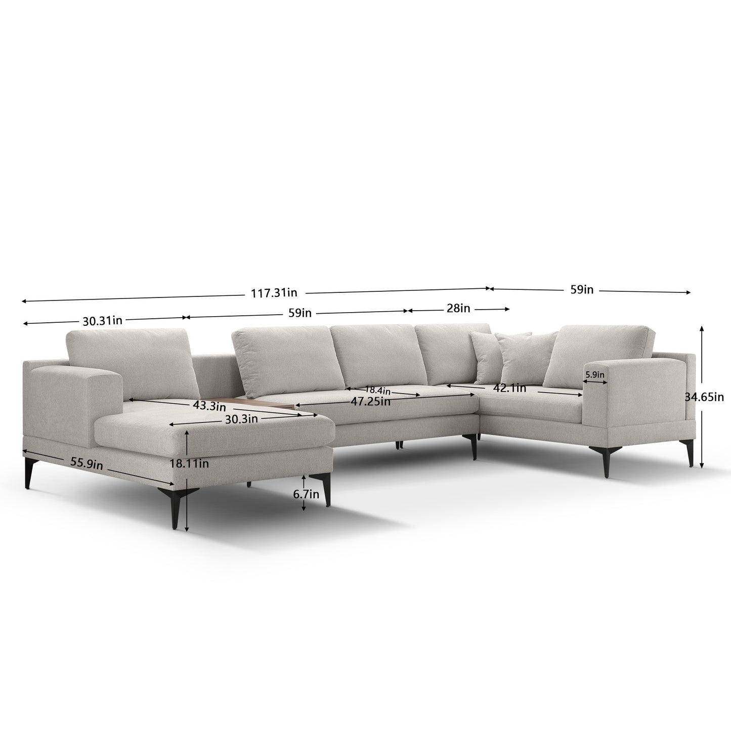 3-Piece U-Shape Upholstered Sectional Sofa Set with Reversible Chaise Lounge, Champagne Texture