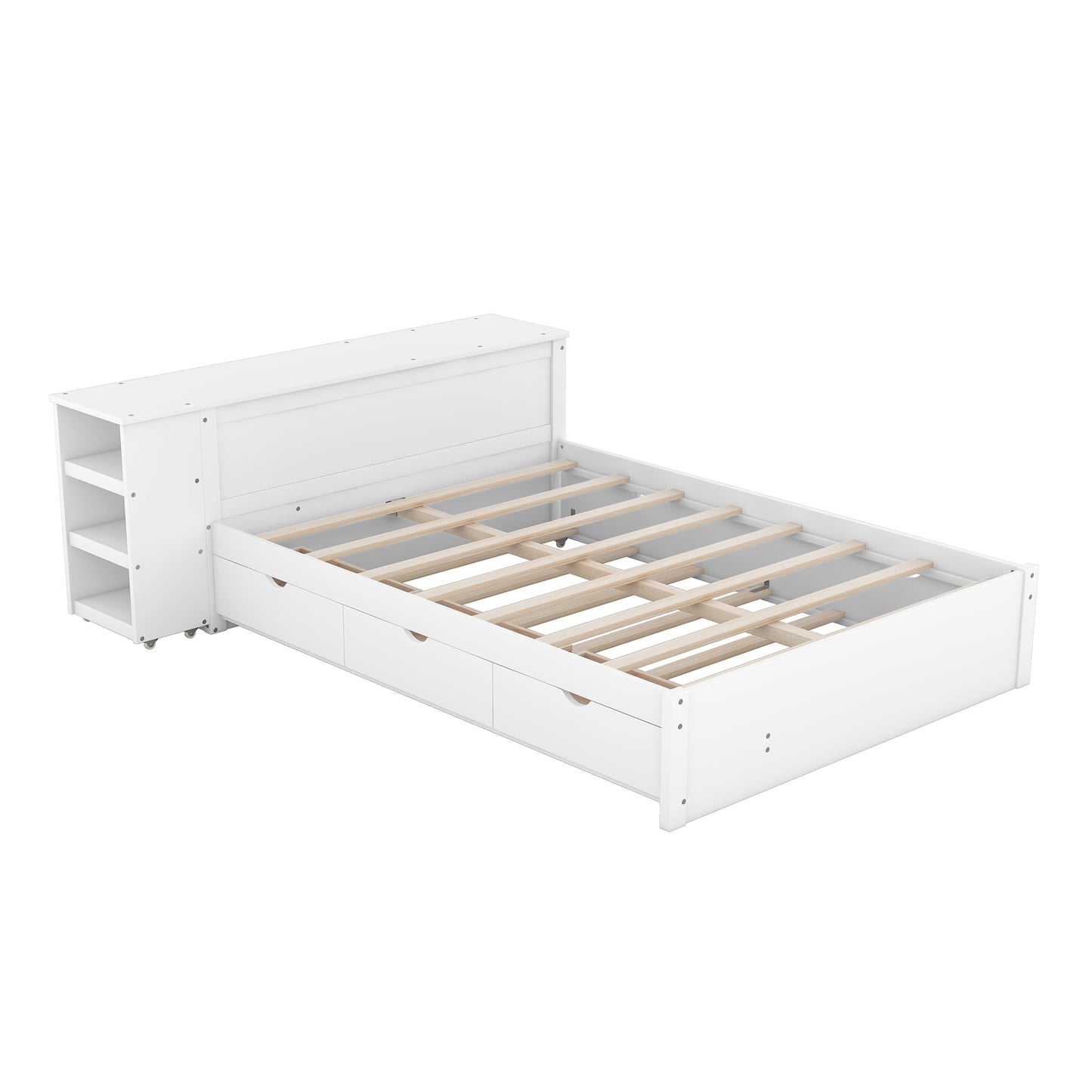 Full Size Platform Bed With a Rolling Shelf, White