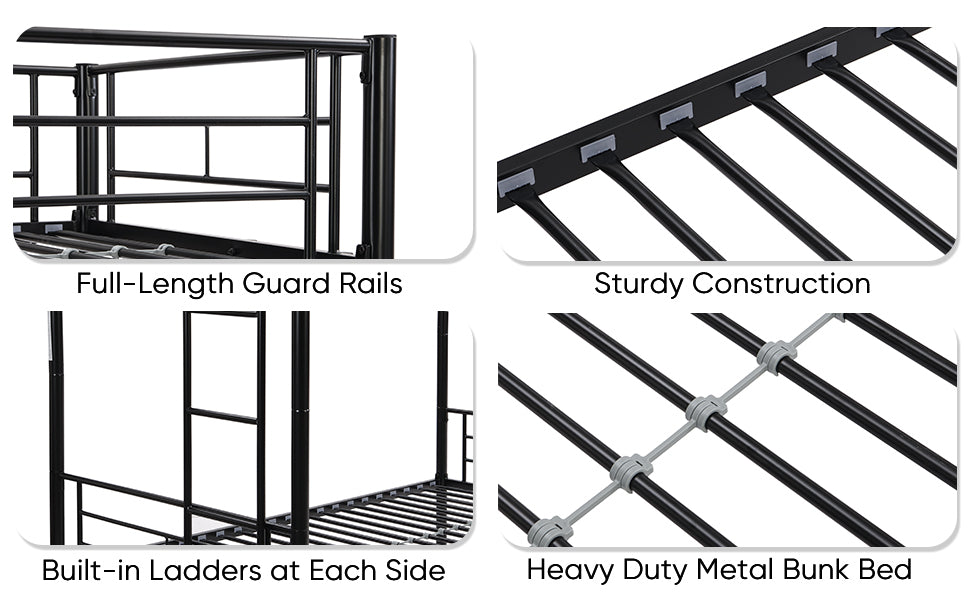 Convertible Twin Over Twin Metal Bunk Bed with 2 Ladders, Guardrail, and Storage Space in Black