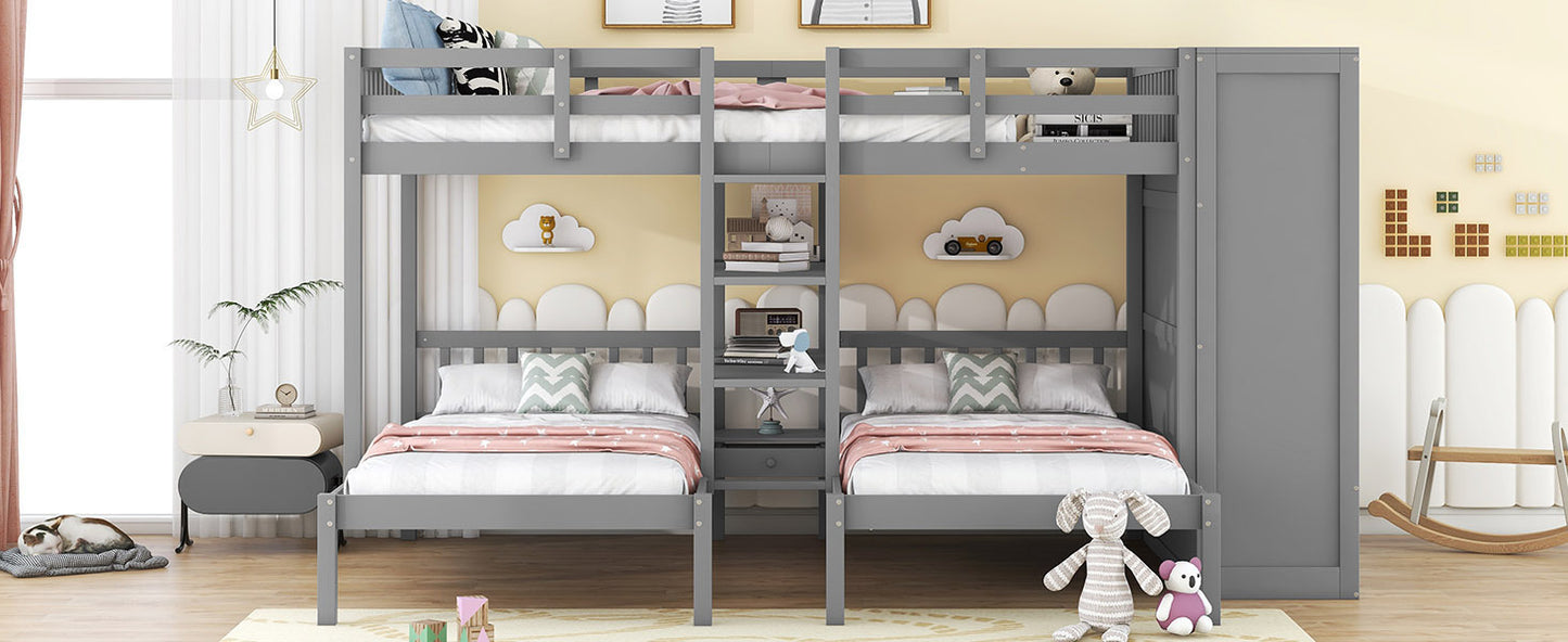 Gray Twin-Twin over Full Bunk Bed with Shelves, Wardrobe, Mirror