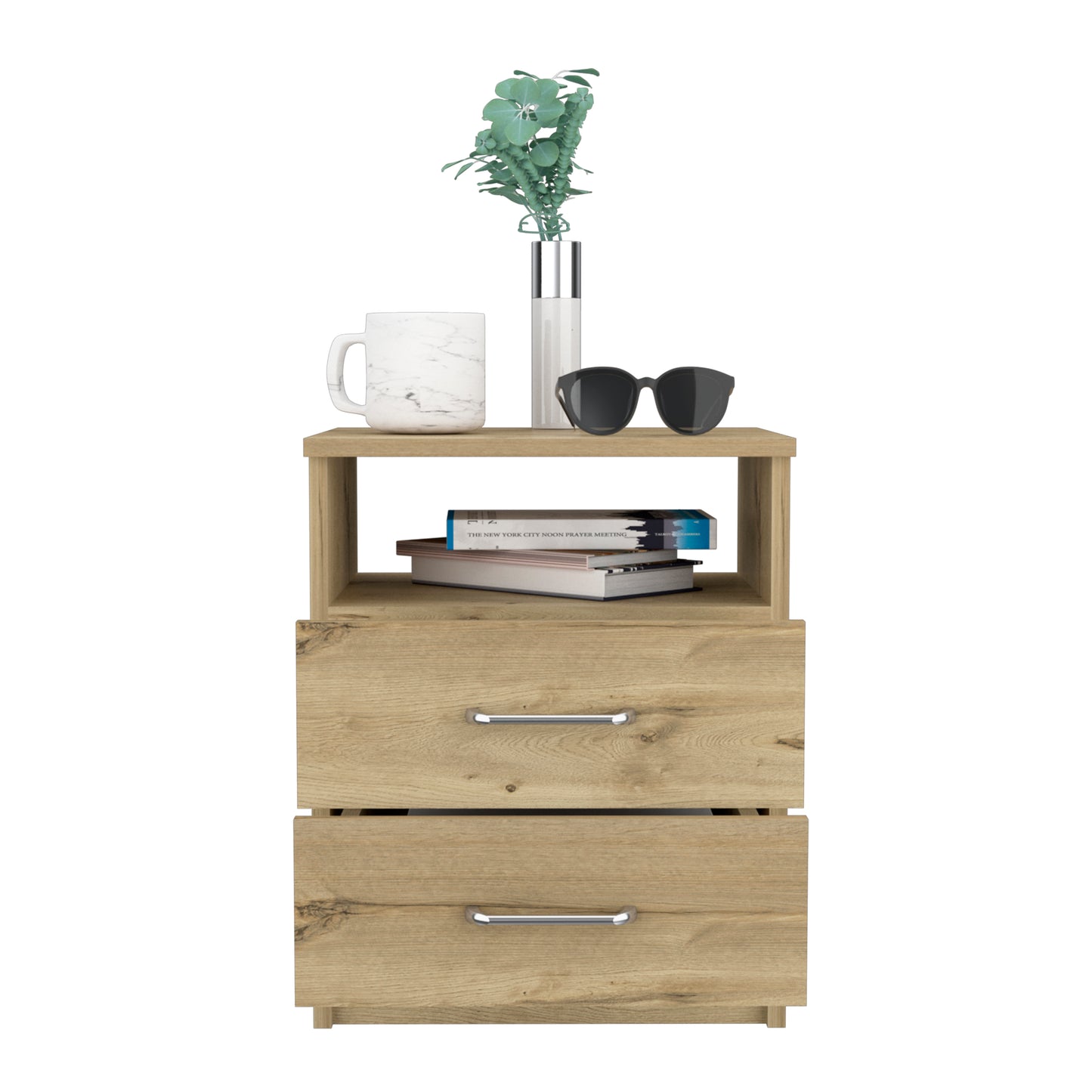 Nightstand Olienza, Two Drawers, One Shelf, Light Oak Finish