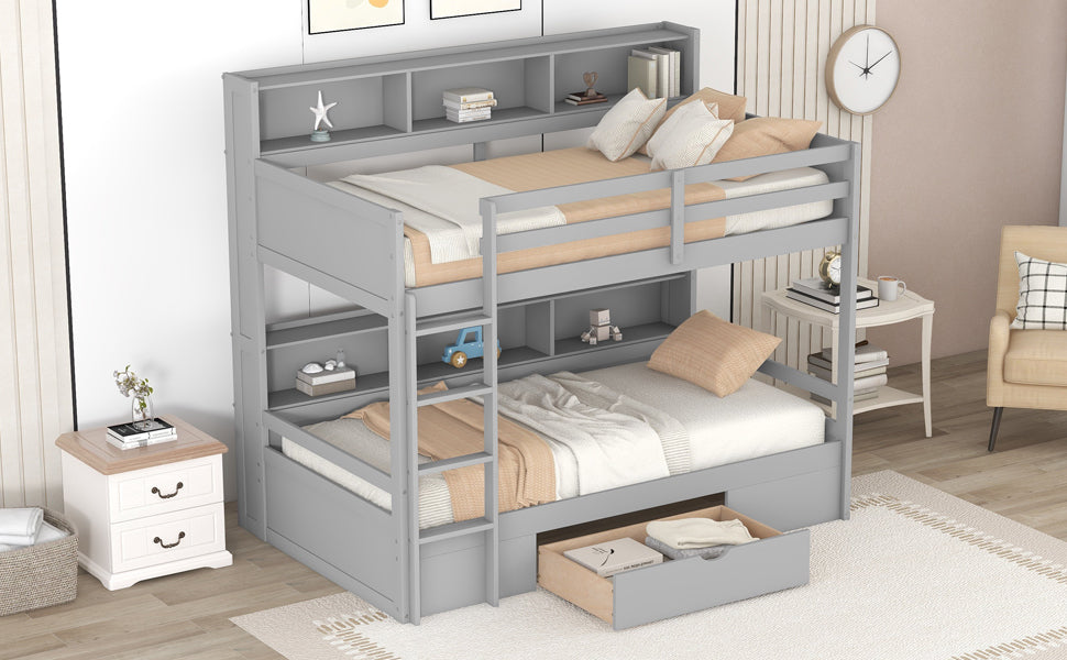 Twin Size Gray Bunk Bed with Storage Drawer and Built-in Shelves