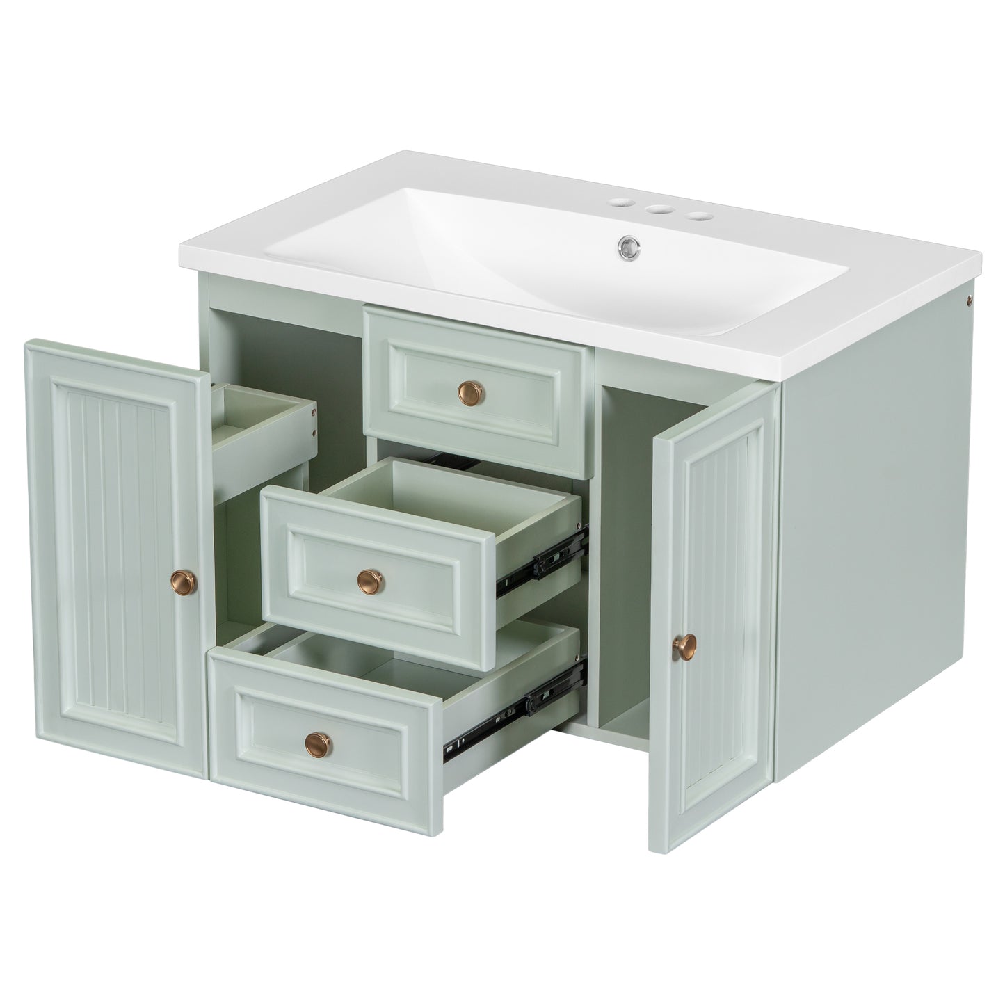 30" Wall Mounted Bathroom Vanity with Sink Combo, Functional Drawer, Solid Wood & MDF Board & Ceramic, Green