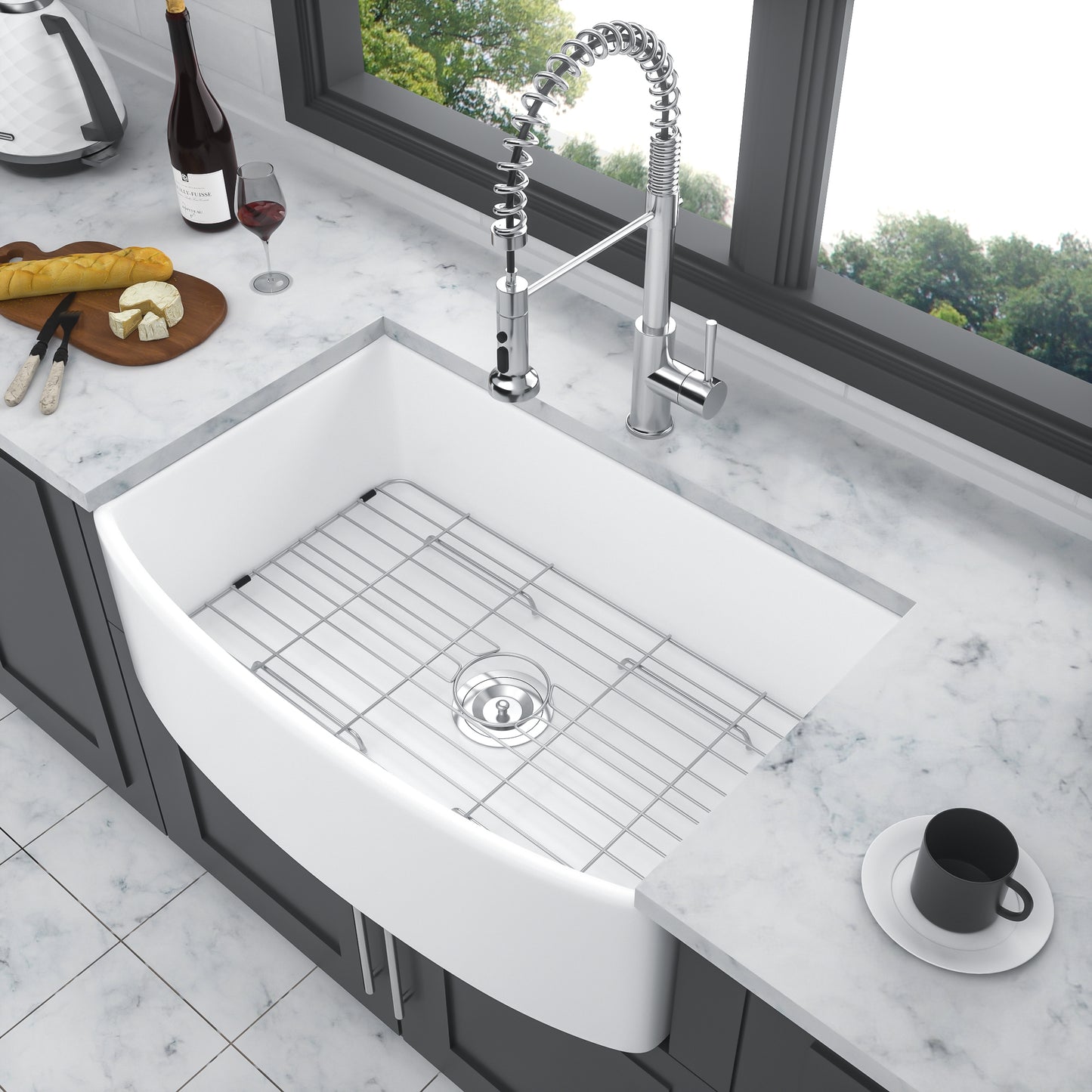 33 White Ceramic Farmhouse Kitchen Sink with Arch Edge Design