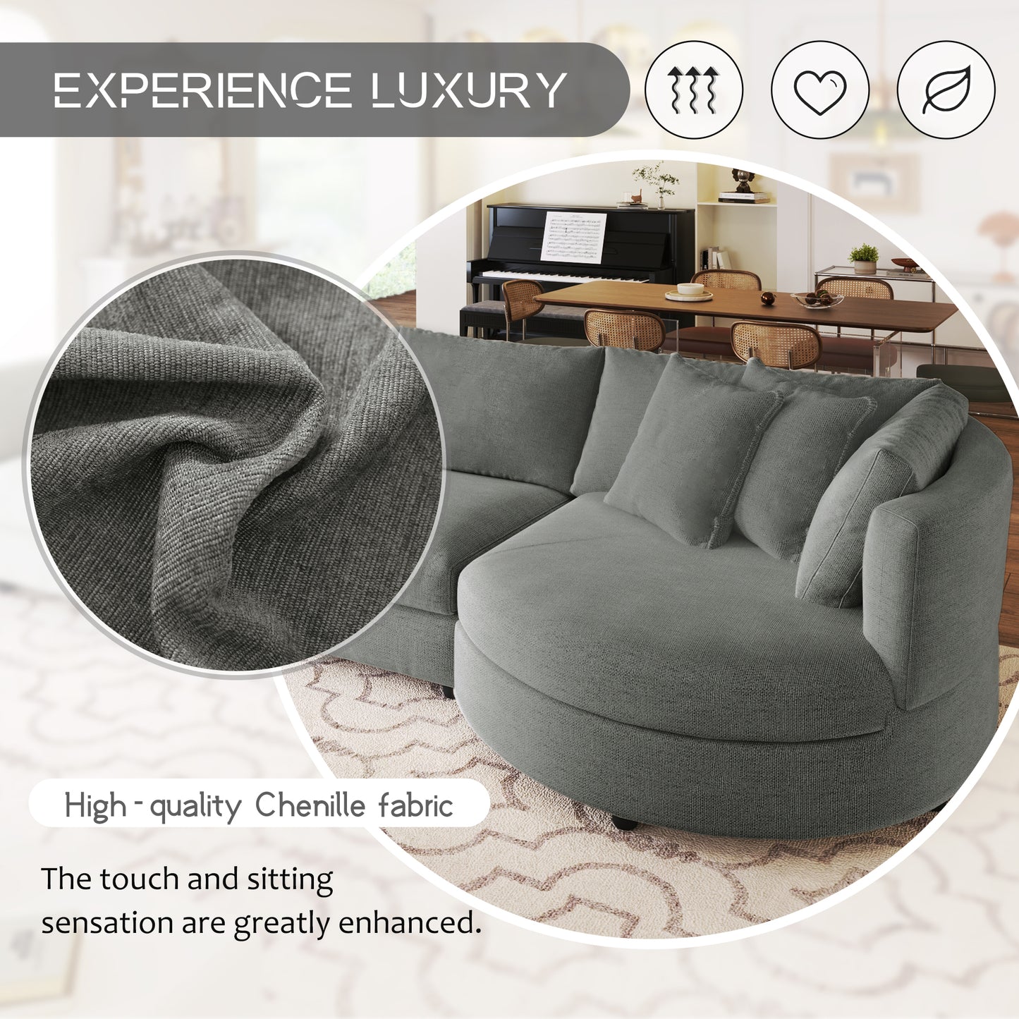 U_STYLE Three Indoor Cushioned Combination Sofas with Three Pillows and Curved Seat, for Living Room, Study Room, and Apartment