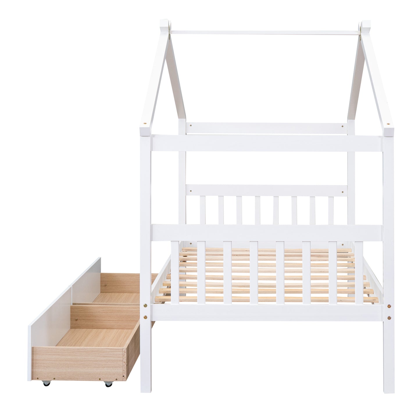 Twin Size Wooden House Bed with Drawers, White