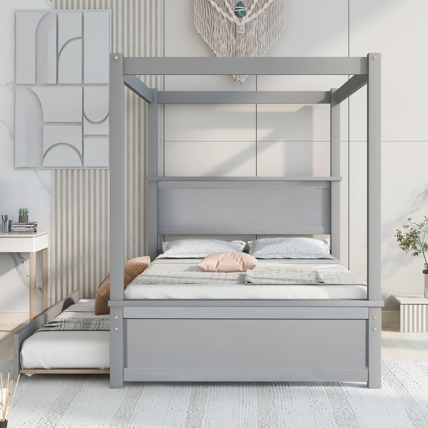 Wood Canopy Bed with Trundle Bed ,Full Size Canopy Platform bed With  Support Slats .No Box Spring Needed, Brushed Gray