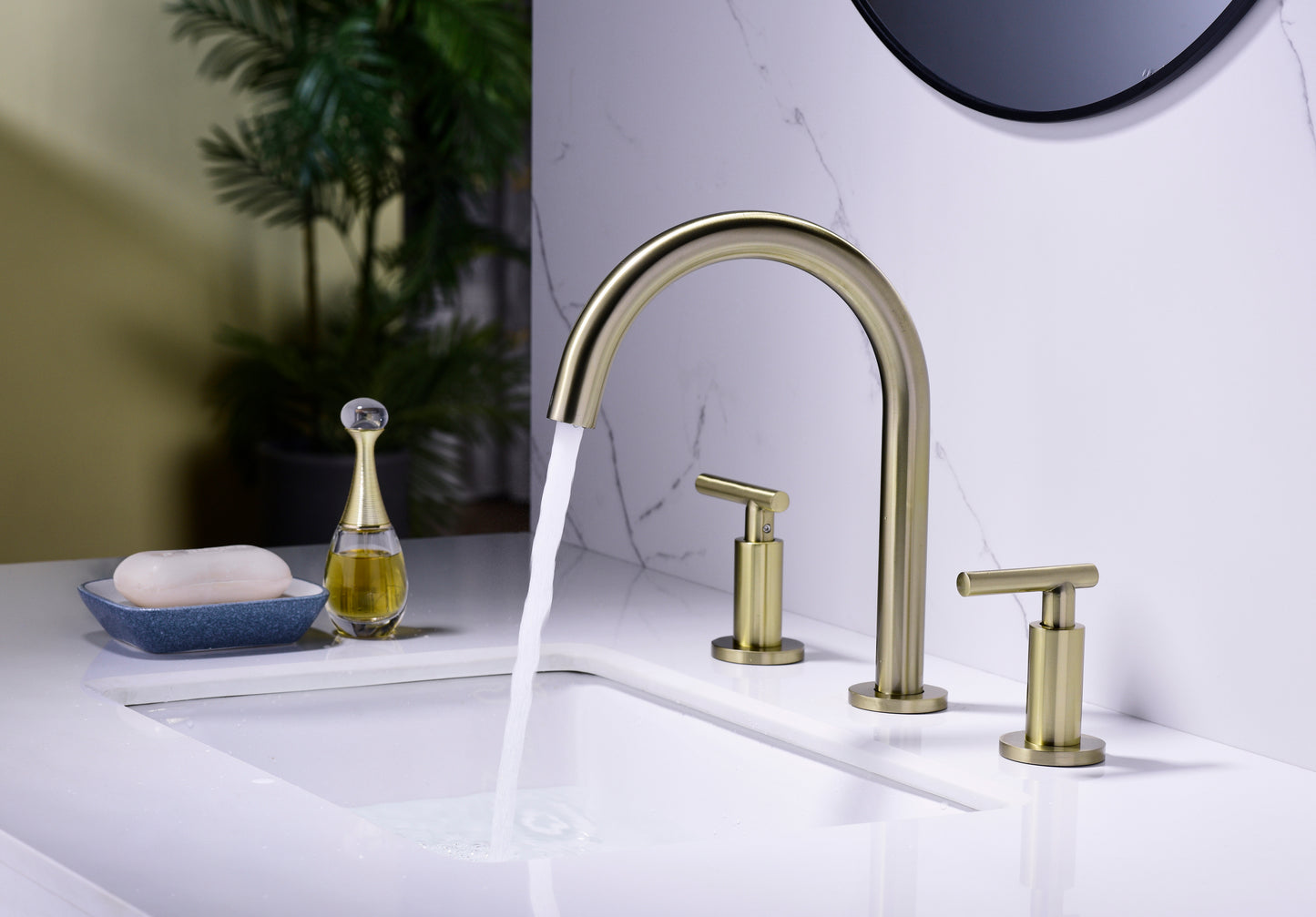 Gold High Arc 3-Hole Widespread Bathroom Sink Faucet with Rotatable Spout