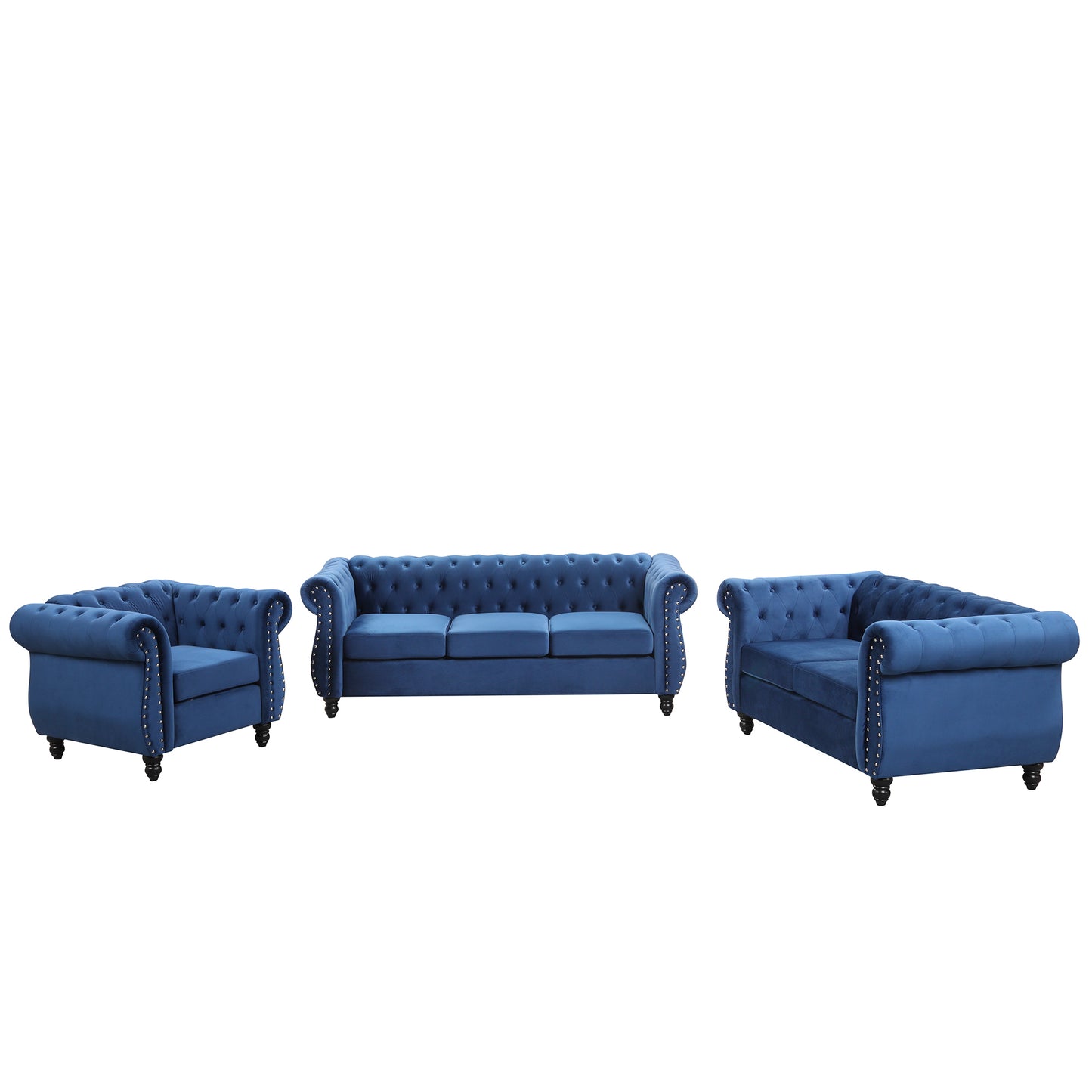 Modern three-piece sofa set with solid wood legs, button-down tufted backrest, Dutch velvet upholstered sofa set including three-seater sofa, two-seater and living room furniture set Single chair