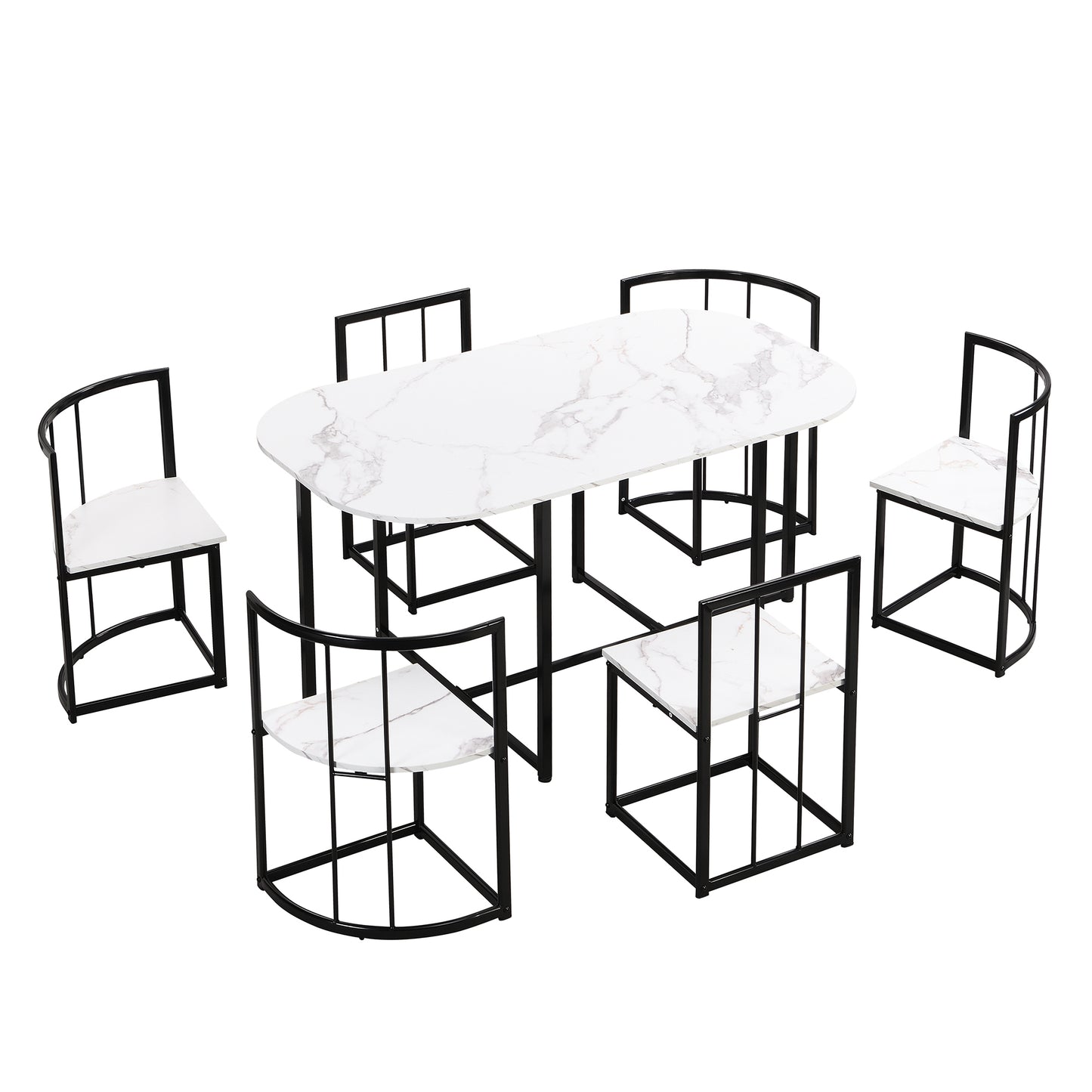 Modern 7-Piece Dining Table Set with Faux Marble Compact 55Inch Kitchen Table Set for 6, Black+White