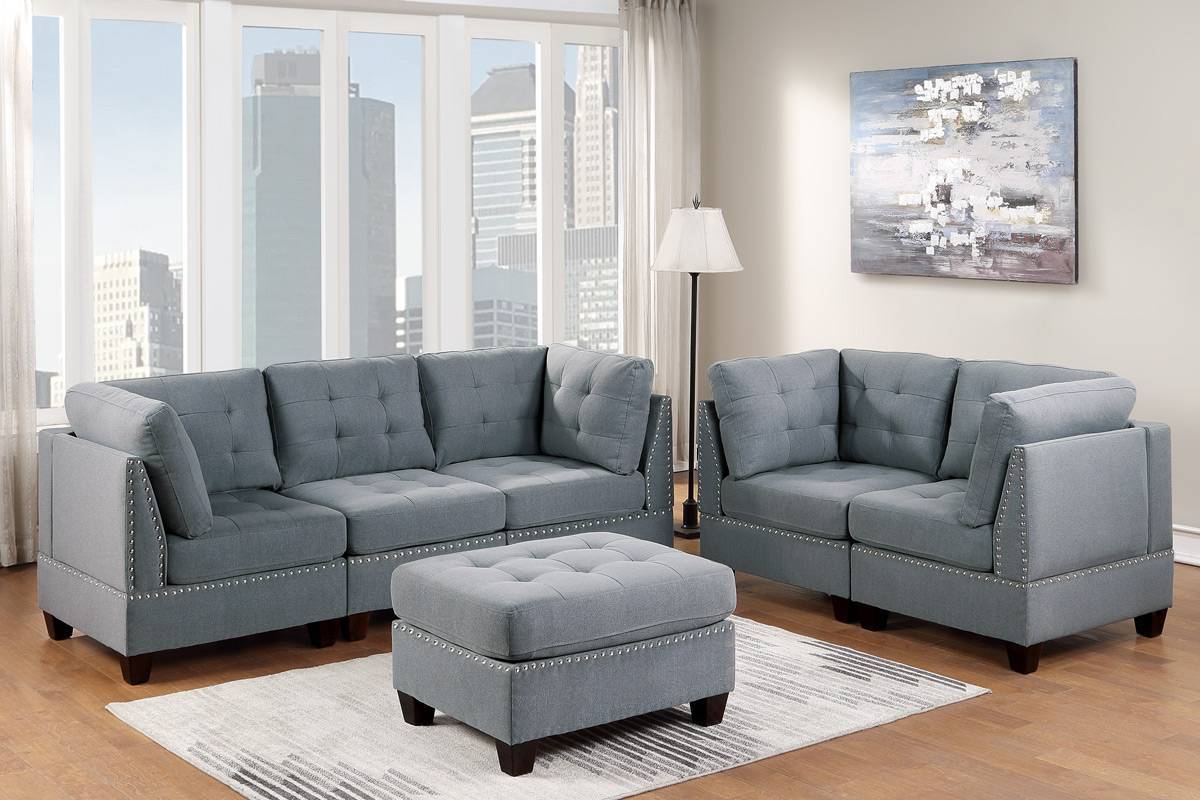 Gray Linen Modular Sofa Set with Tufted Couch and Nailhead Accents