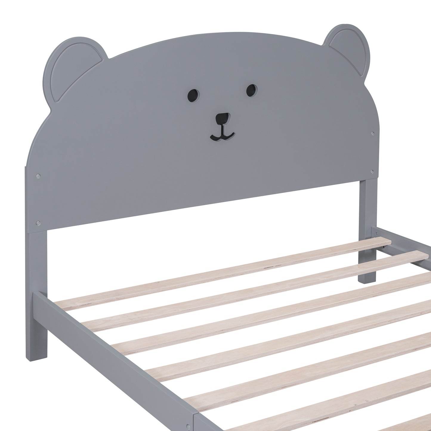 Full Size Wood Platform Bed with Bear-shaped Headboard and Footboard,Gray