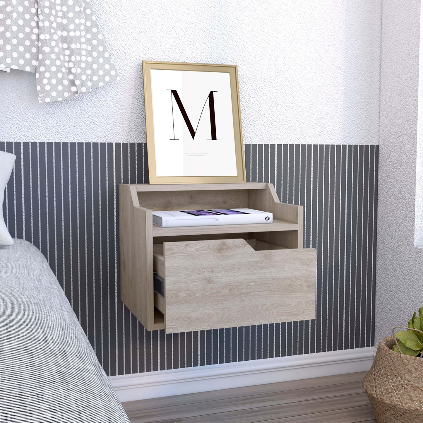 Busan Modern Floating Nightstand, Single-Drawer Design with Sleek Two-Tiered Top Shelf Surfaces- Light Grey - Bedroom