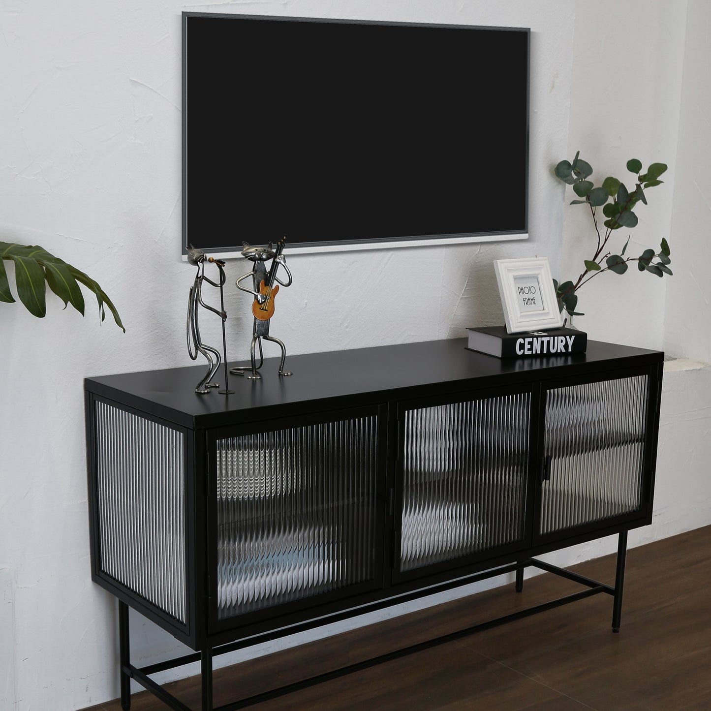 Retro Style TV Stand with Enclosed Storage and Glass Doors