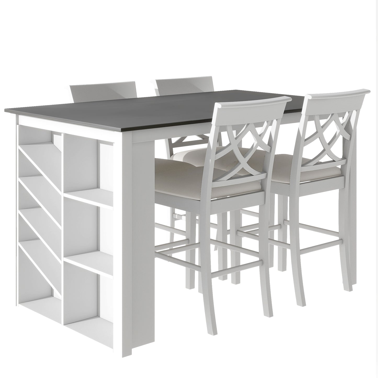 Counter Height 5-piece Solid Wood Dining Table Set, 59*35.4Inch Table with Wine Rack and 4 Upholstered Chairs, White