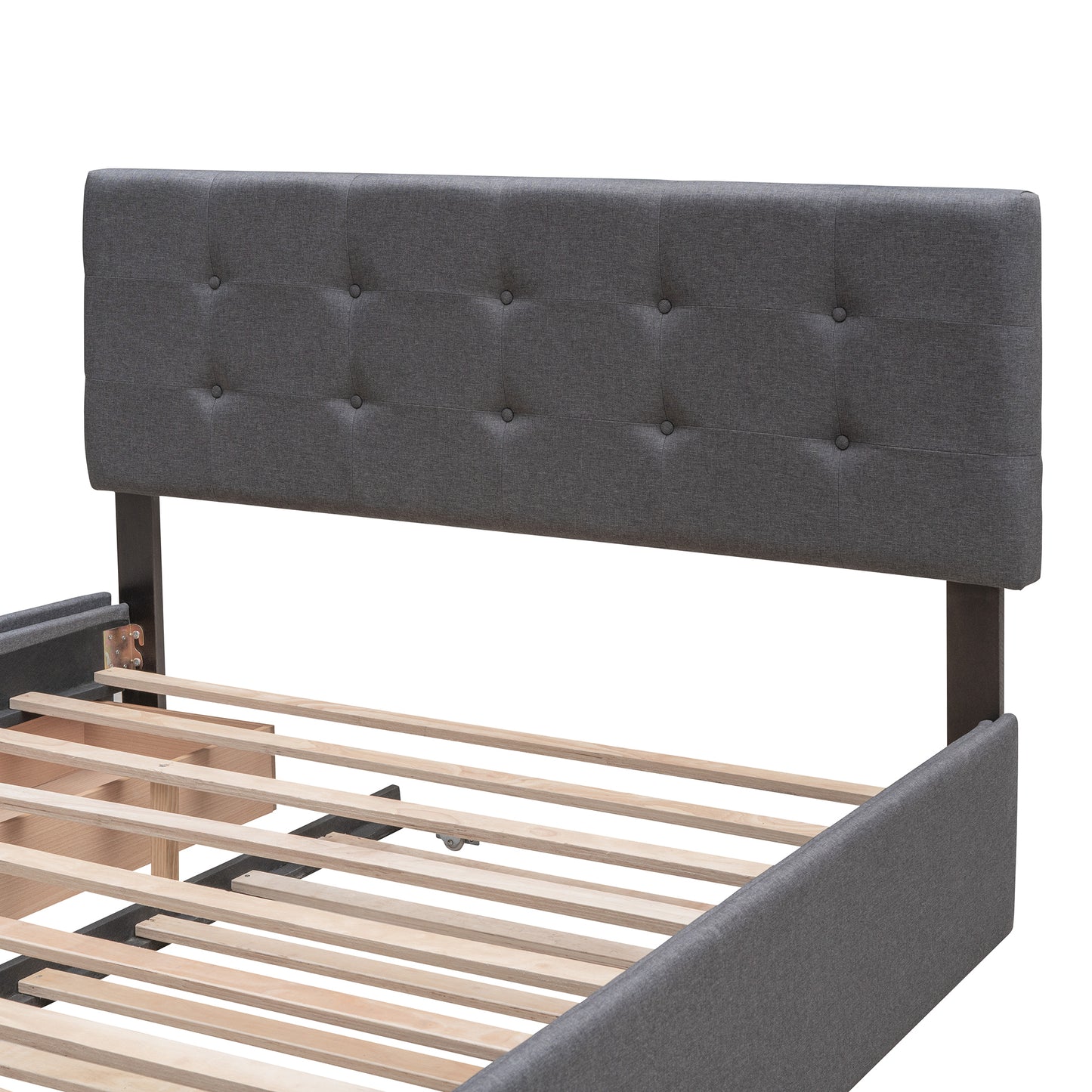 Upholstered Platform Bed with 2 Drawers and 1 Twin XL Trundle,  Linen Fabric, Queen Size - Dark Gray