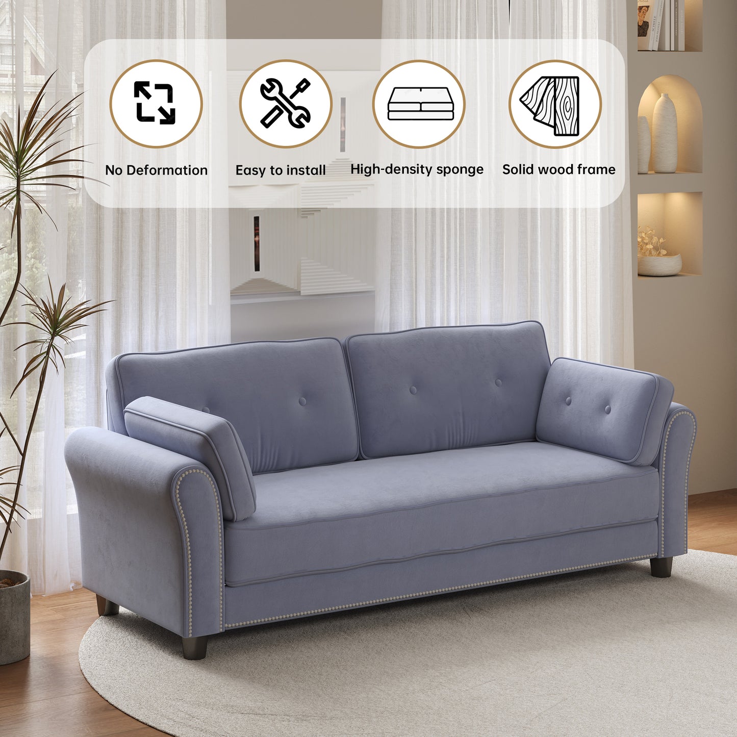 Elegant 79 Grey Velvet Sofa with Nail Head Trim and Button Back