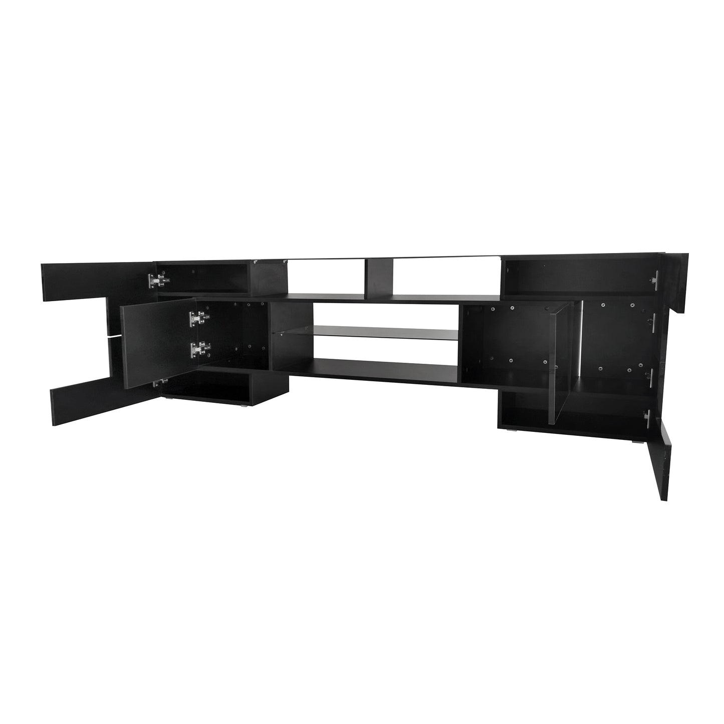 Black High Gloss TV Stand with LED Glass Shelves for TVs Up to 80