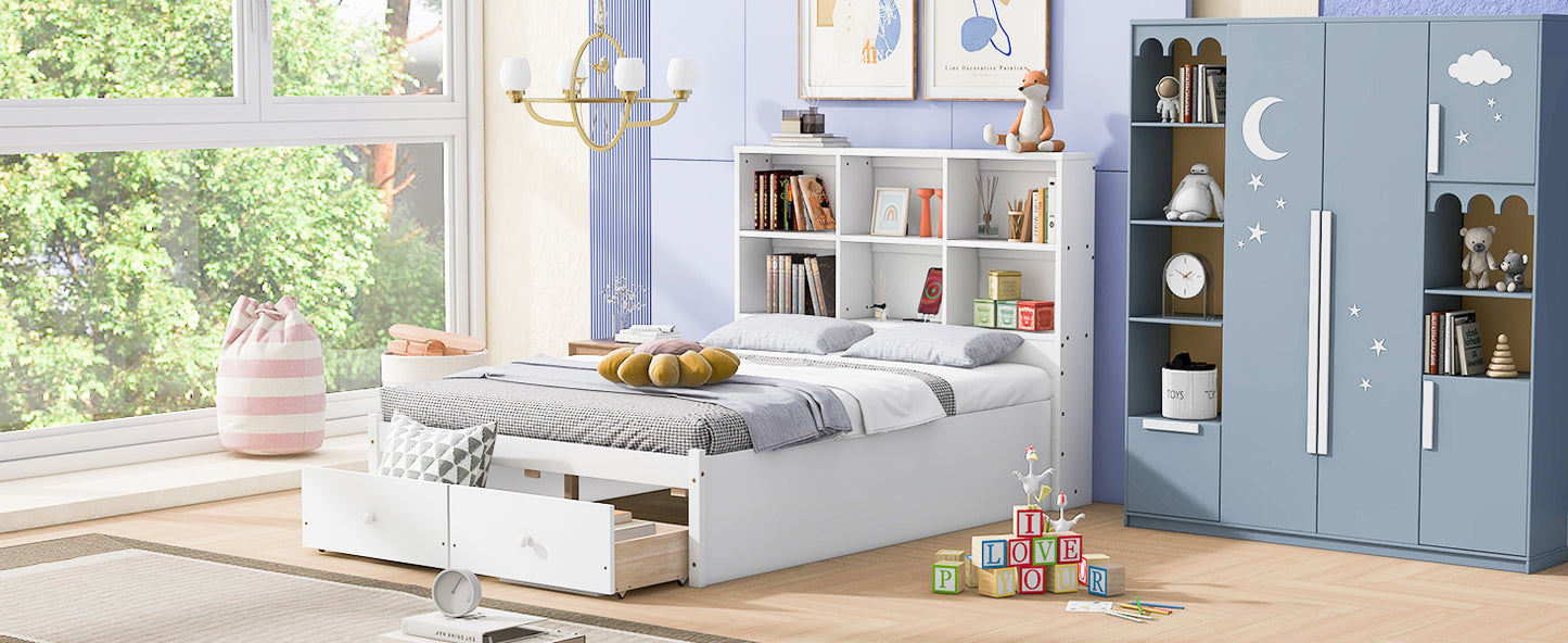 Full Size Platform Bed with Storage Headboard, Charging Station and 2 Drawers, White