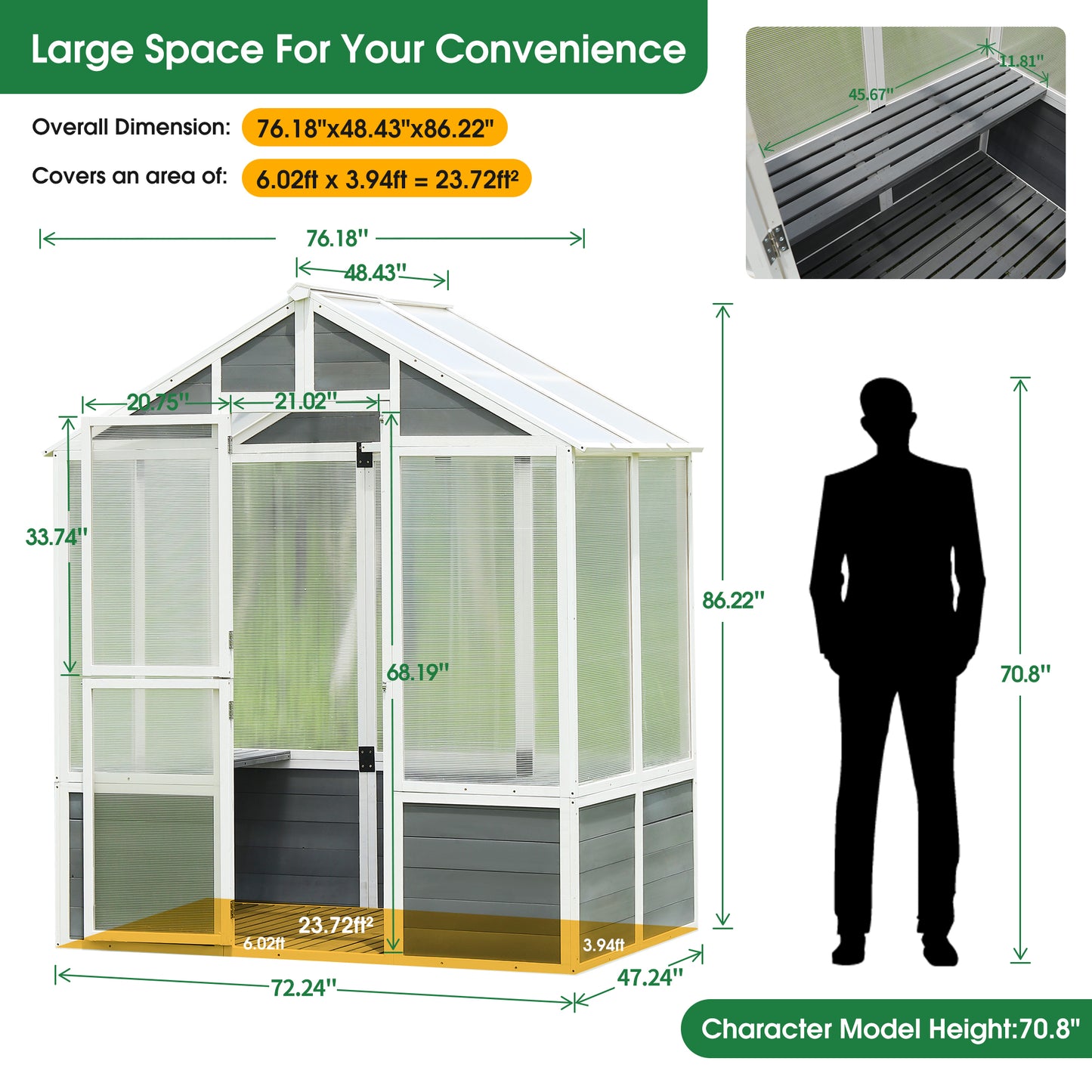 76''x48''x86'' Polycarbonate Greenhouse, Walk-in Outdoor Plant Gardening Greenhouse for Patio Backyard Lawn, Cold Frame Wooden Greenhouse Garden Shed for Plants, Grow House with Front Entry Door