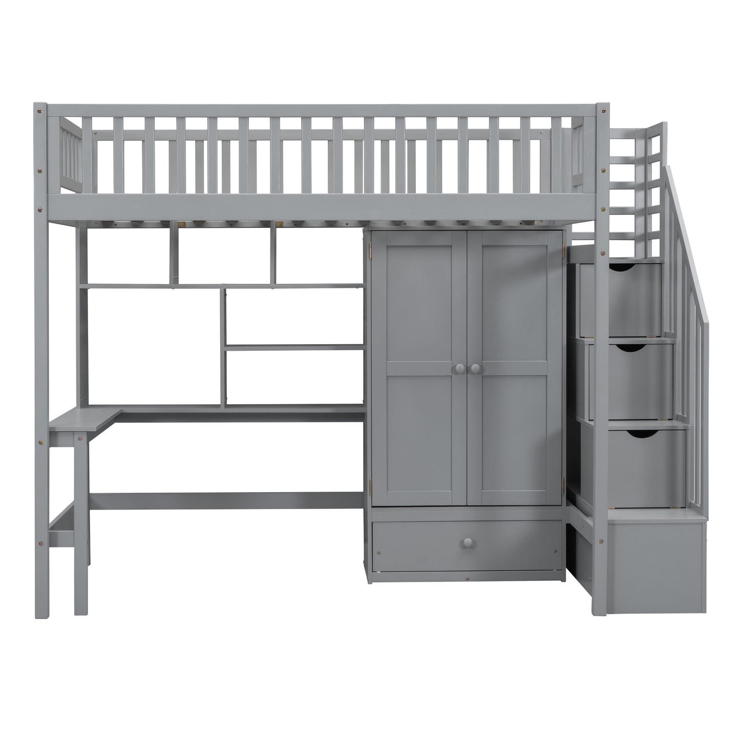 Twin size Loft Bed with Bookshelf,Drawers,Desk,and Wardrobe-Gray