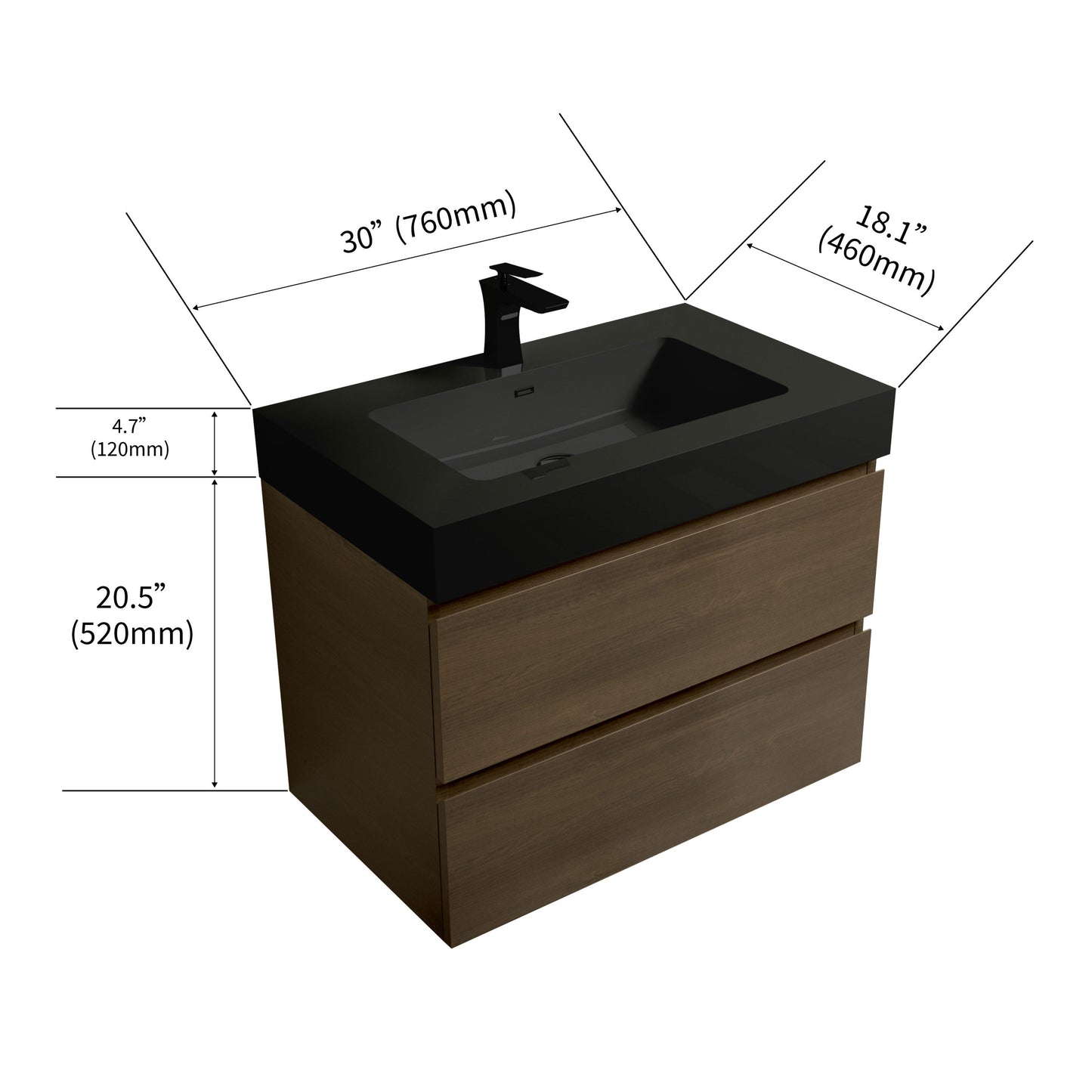 U044-Alice30-111 Alice 30" Dark Oak Bathroom Vanity with Black Sink, Large Storage Wall Mounted Floating Bathroom Vanity for Modern Bathroom, One-Piece Black Sink Basin without Drain and Faucet